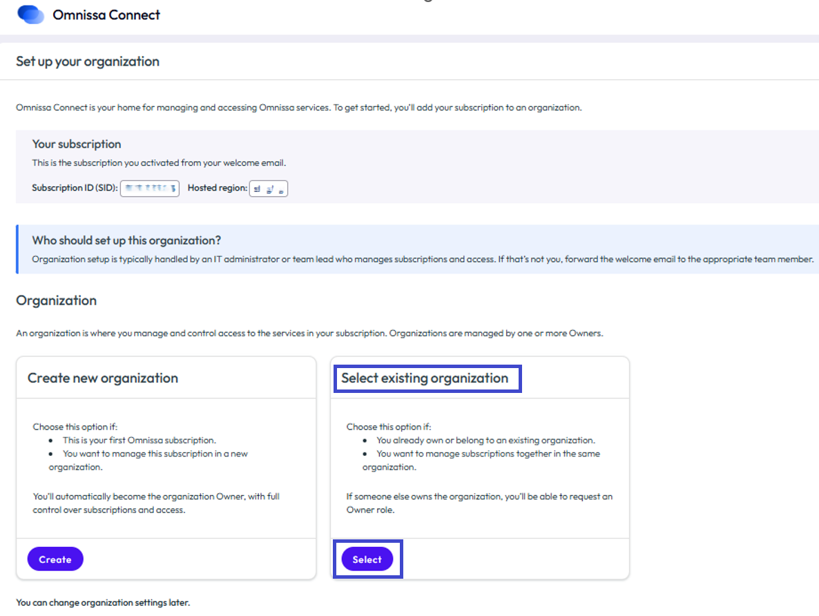 Select to join to an existing org.