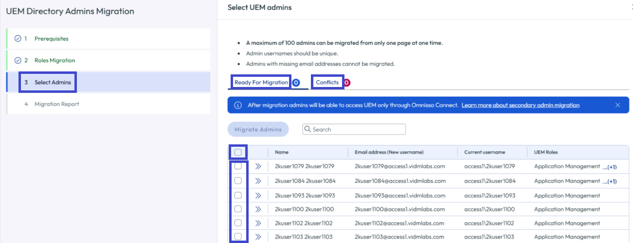 You can activate the top check box to select all users and then you can remove users from the migration by deactivating their check boxes. You can activate the top check box to select all users and then you can remove users from the migration by deactivating their check boxes.