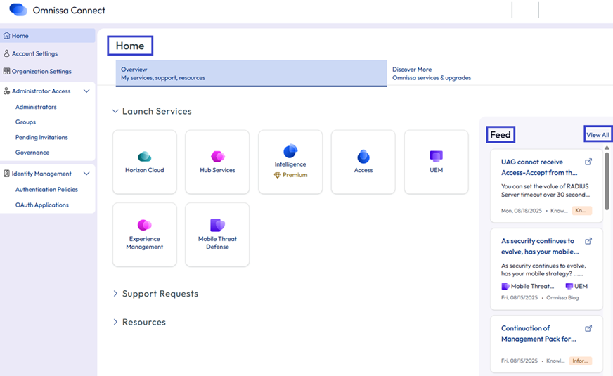 Use the new Feed section to access news about Omnissa products and services.