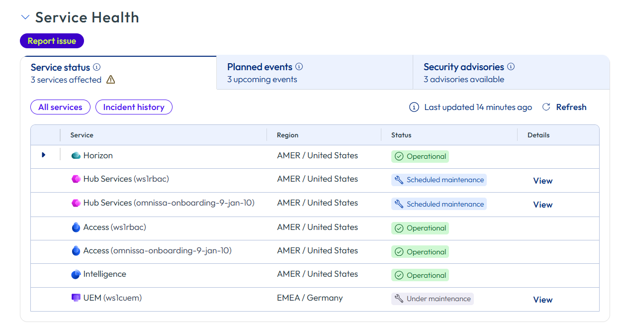 To quickly see the health and status of your Omnissa products, use the new Service health widget on the Home page.
