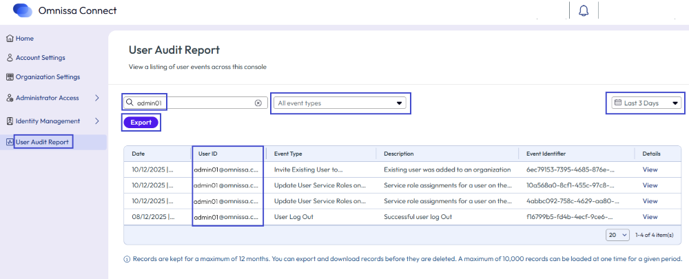 Find the User Audit Report page from the main, left navigation in Connect.