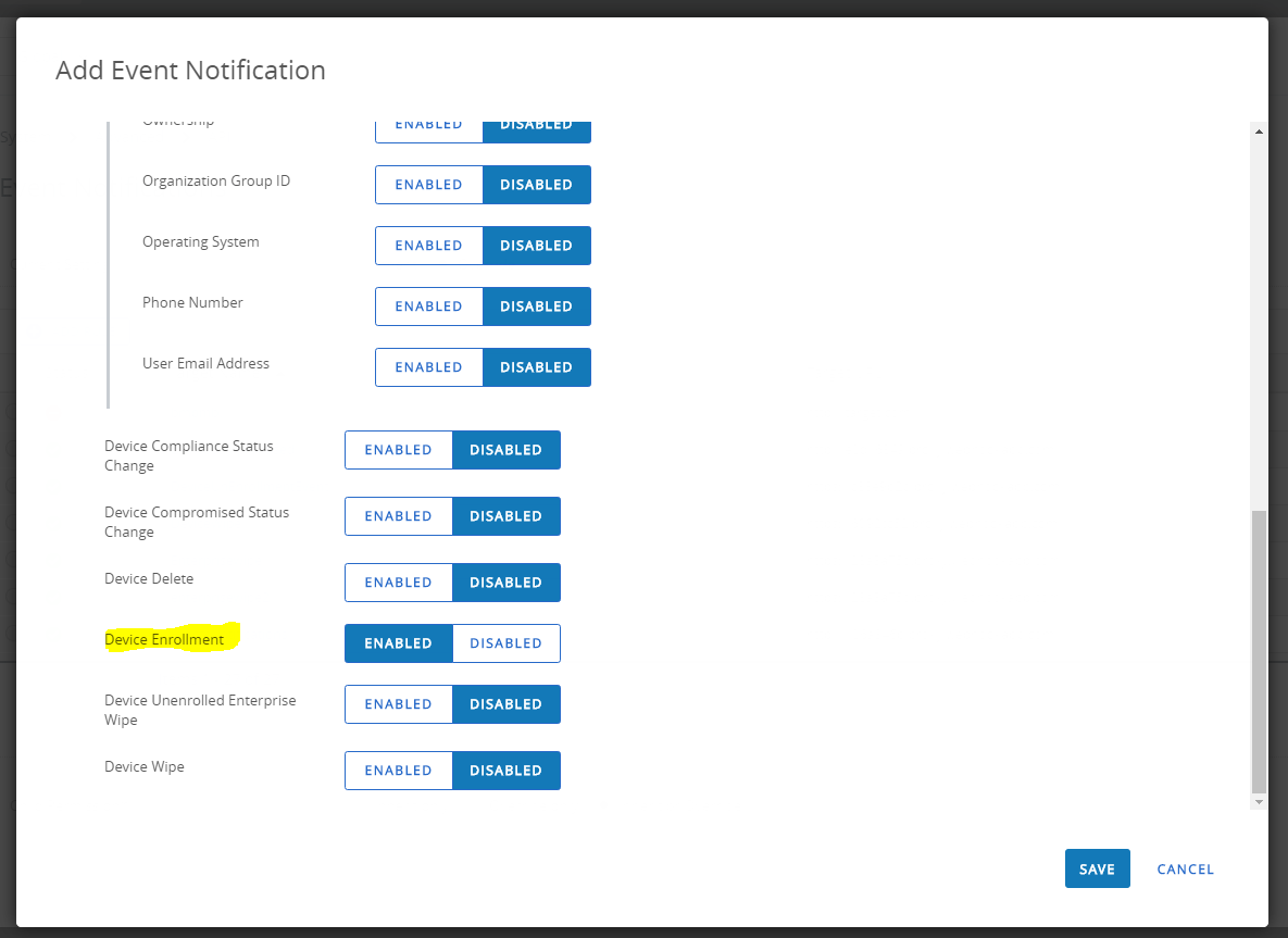 Add Event Notification settings where you enable or disable Device Enrollment notifications.
