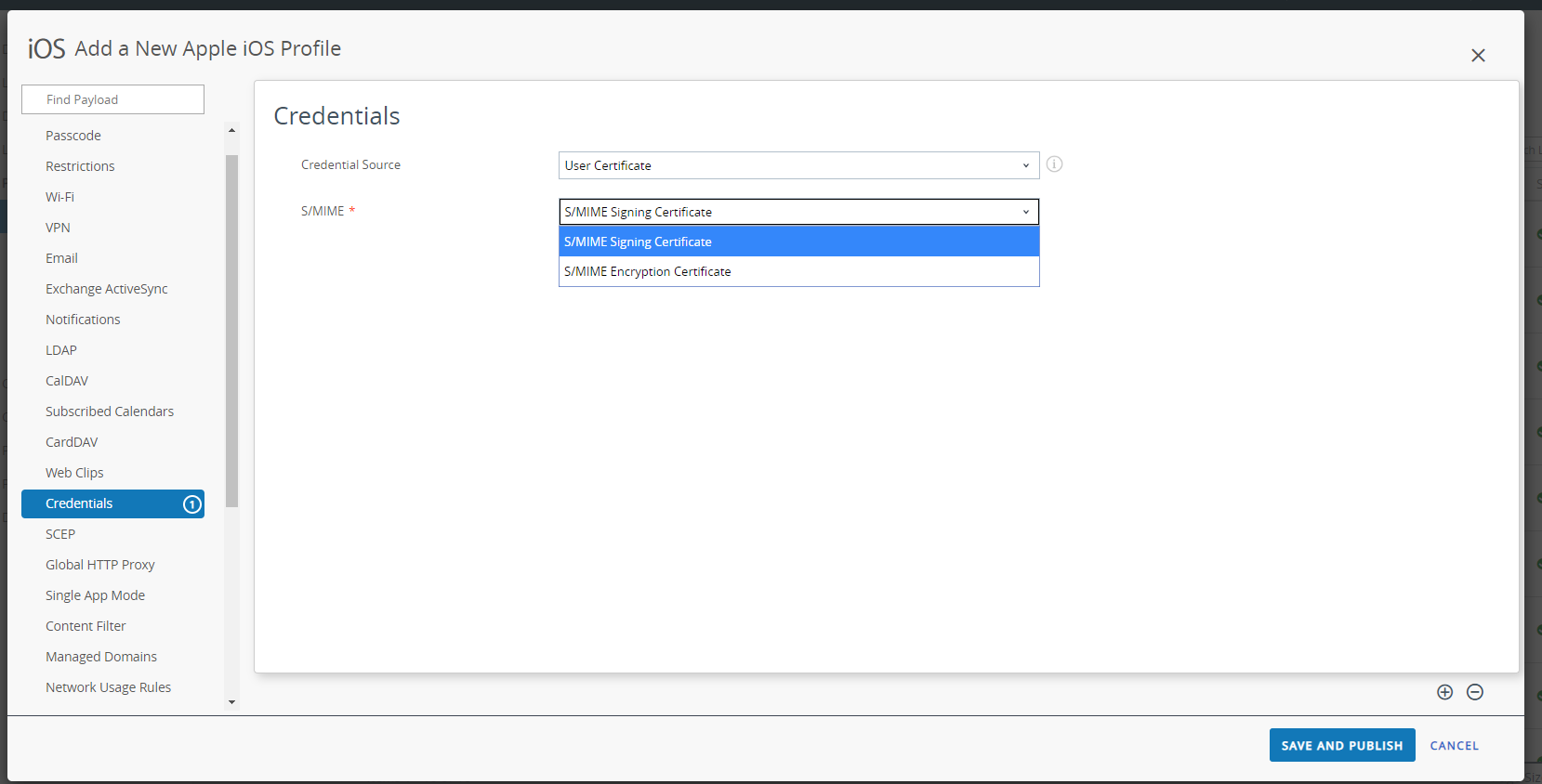 Image showing where to add credentials on the New Apple iOS Profile.