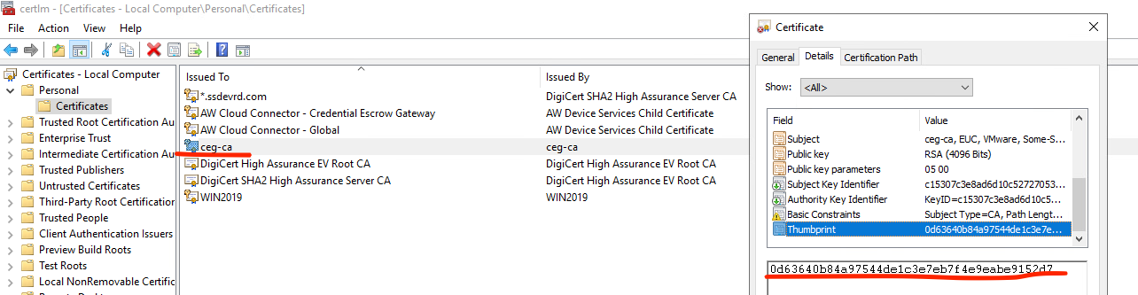 The Personal Certificate store showing the selected issued to certificate and details. The Personal Certificate store showing the selected issued to certificate and details.