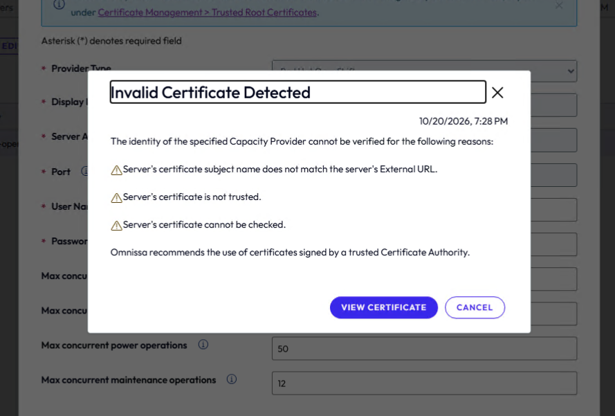 Invalid Certificate Detected.