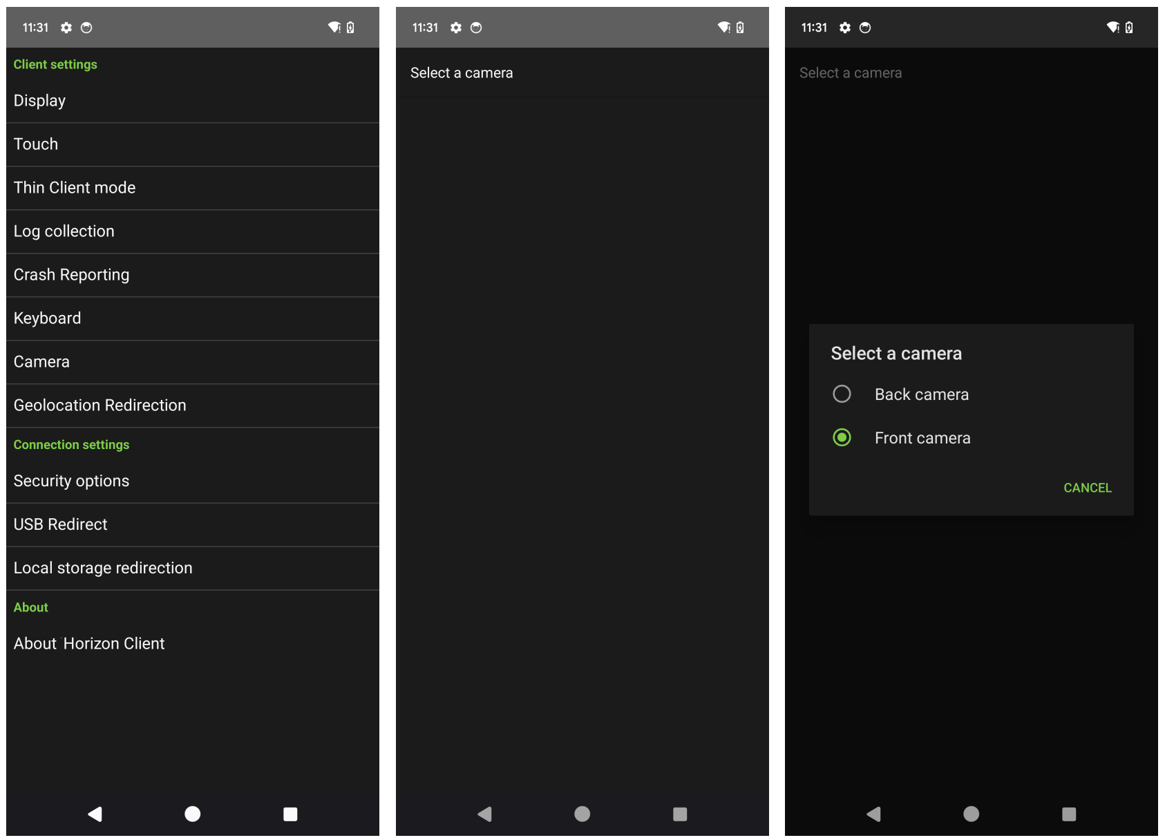 The camera settings in Horizon Client become available after you start the remote application. The camera settings in Horizon Client become available after you start the remote application.