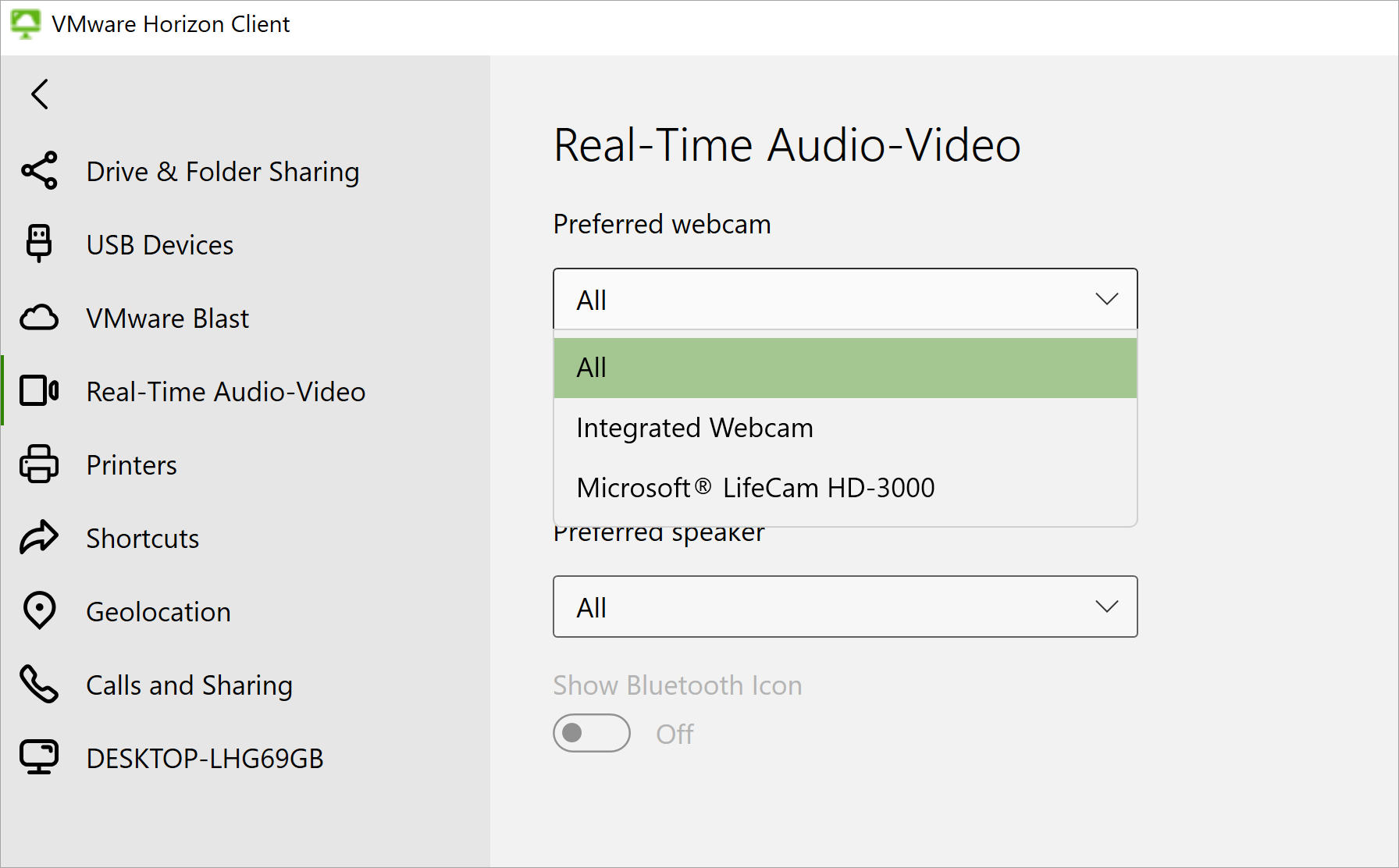 The Real-Time Audio-Video settings show a drop-down menu with two compatible webcam devices.