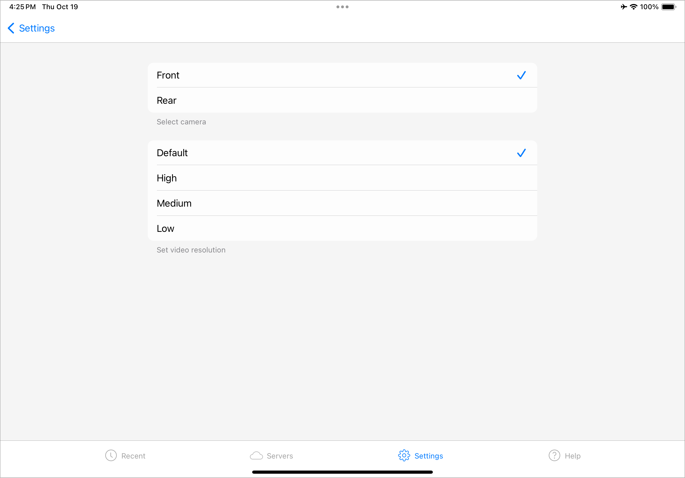 Use the client settings to switch between the front and rear cameras. Use the client settings to switch between the front and rear cameras.
