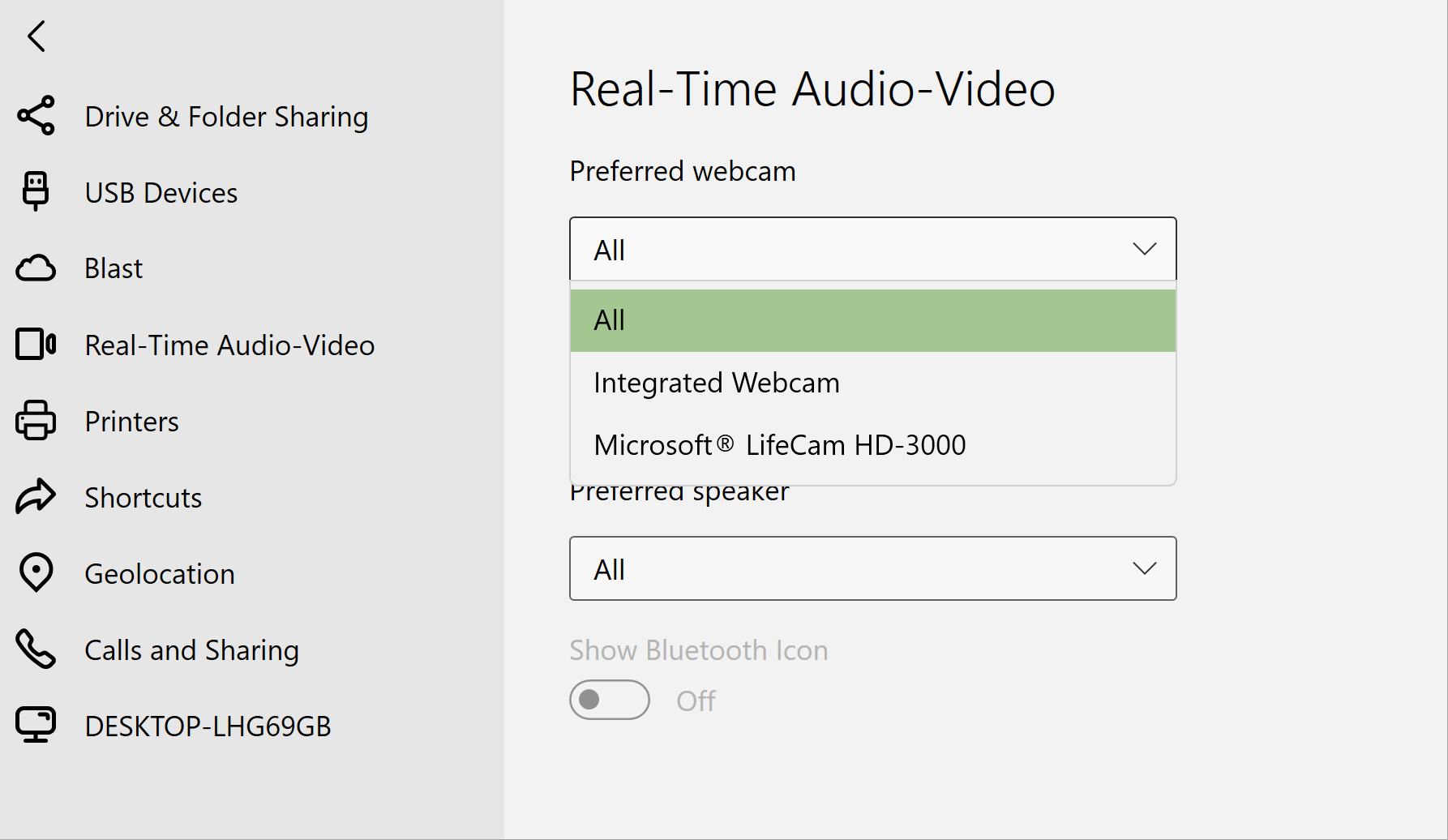 The Real-Time Audio-Video settings show a drop-down menu with two compatible webcam devices.