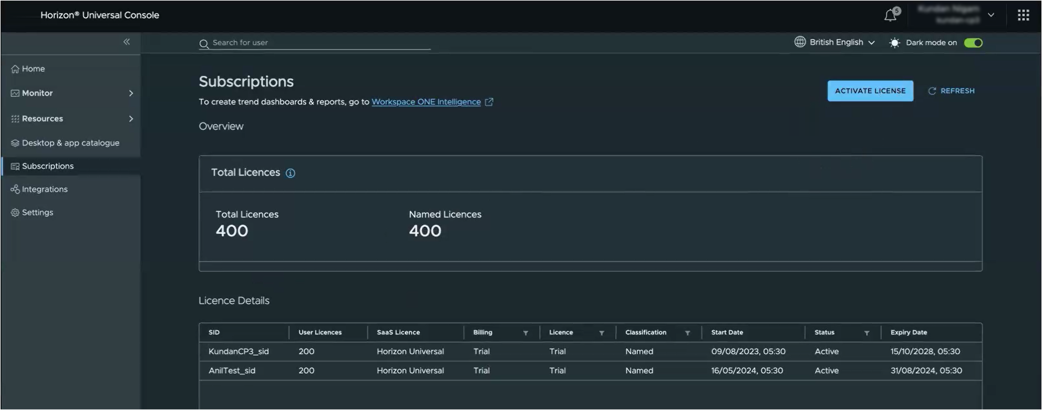 Horizon Universal Console Subscriptions page with Activate License button