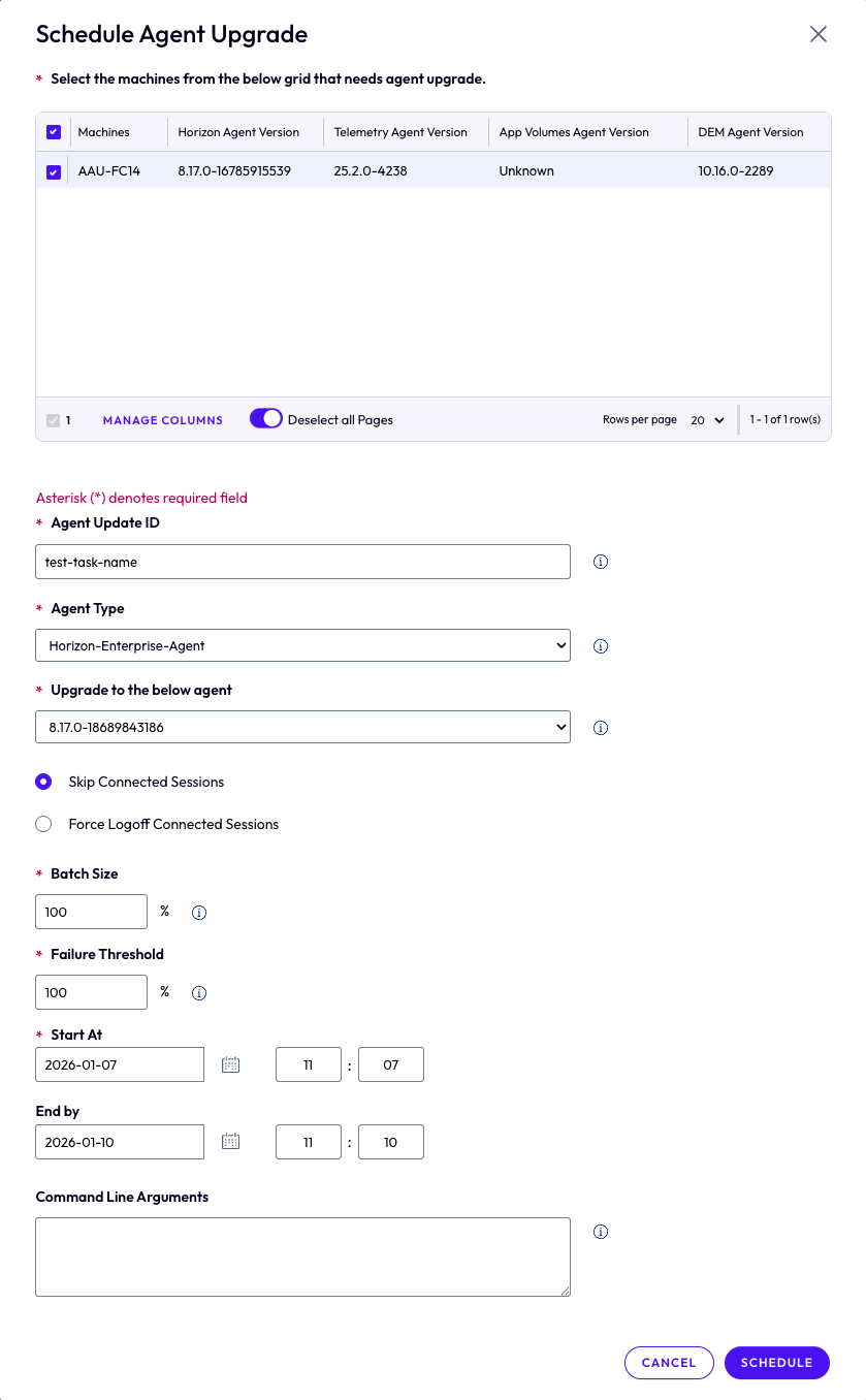 Schedule Agent Upgrade wizard showing configuration fields for pool update