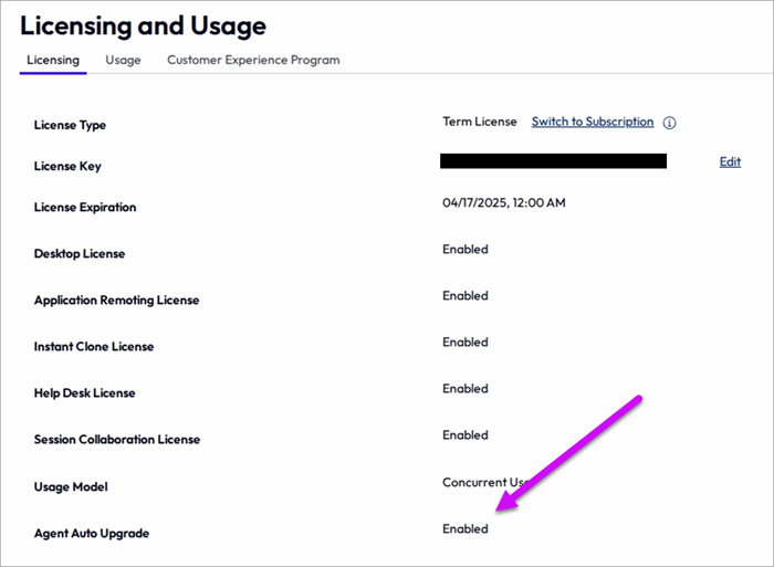 Licensing and Usage page with Auto Agent Upgrade feature enabled and highlighted