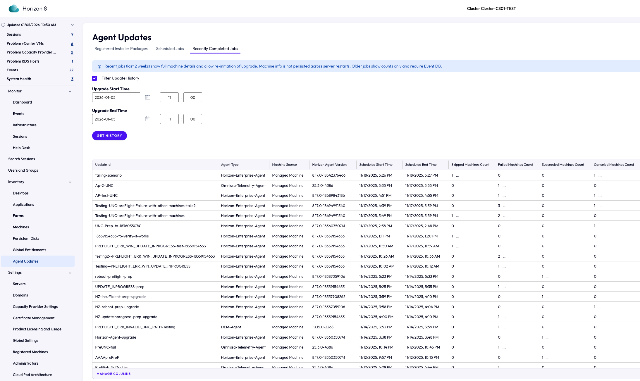 Recently Completed Jobs tab showing history filter for Upgrade Start and End Time