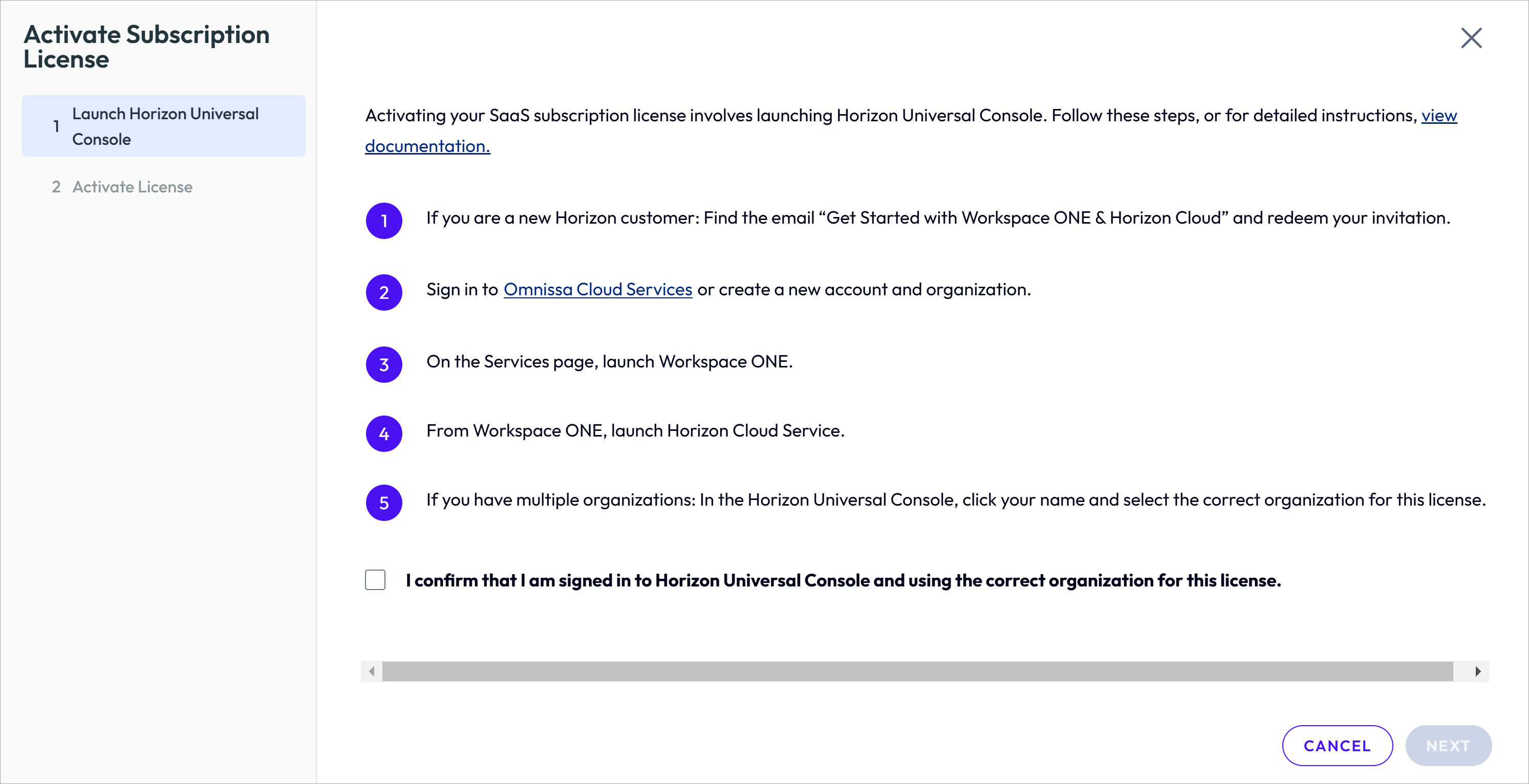 Activate Subscription License screen listing required preparation steps