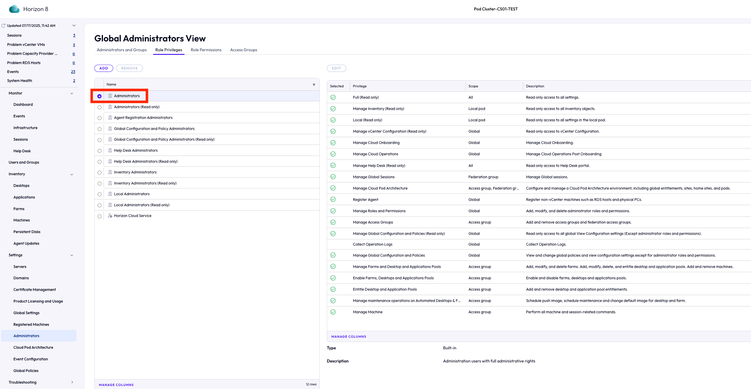 Global Administrators View showing admin privileges and roles table