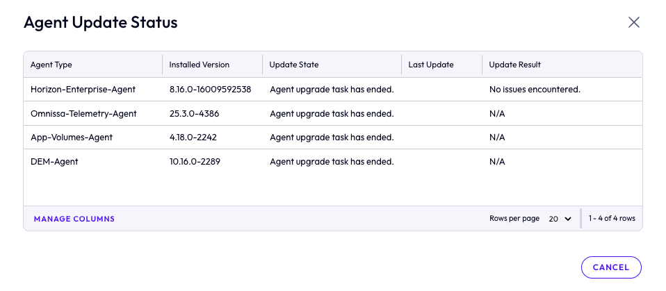 Agent Update Status window showing current progress of upgrade job
