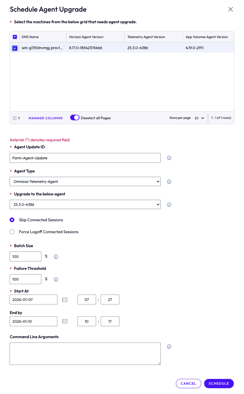 Schedule Agent Upgrade wizard showing configuration fields for farm update