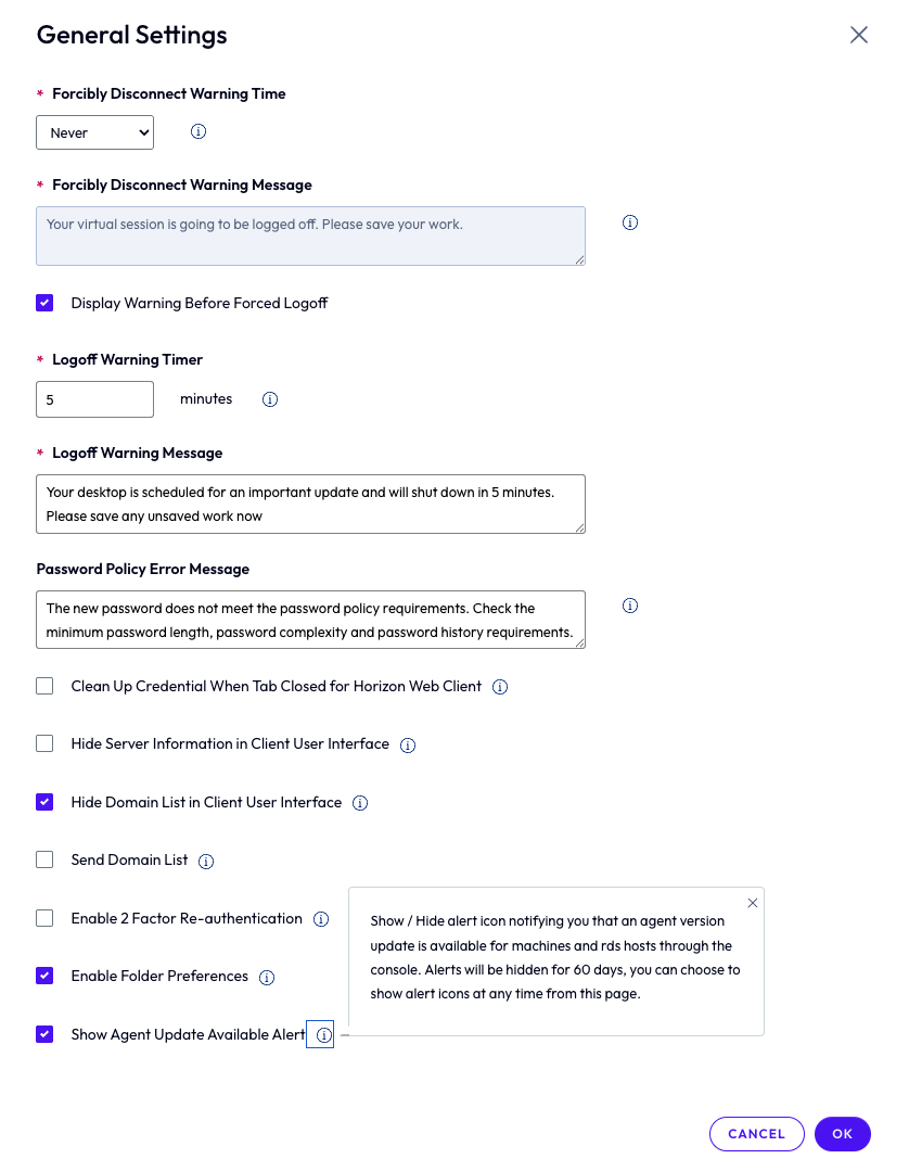 General Settings page showing agent update configuration options