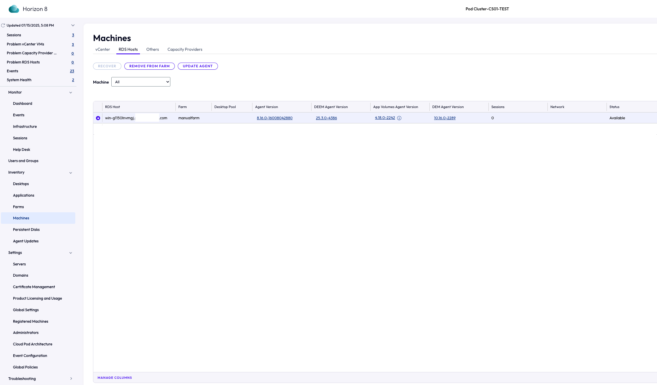 RDS Hosts tab with Available host selected and Update Agent button enabled