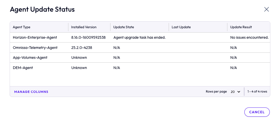 Agent Update Status window showing 'Agent upgrade job has ended' and 'No issues encountered