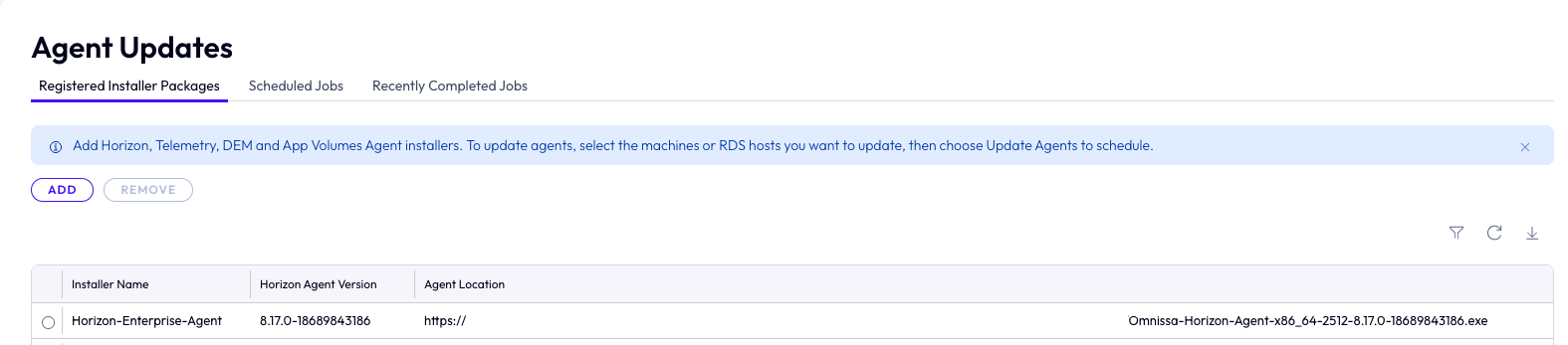 Registered Installer Packages list with Remove button highlighted