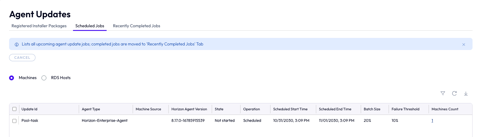 Scheduled Jobs tab showing pending agent update tasks with Cancel button
