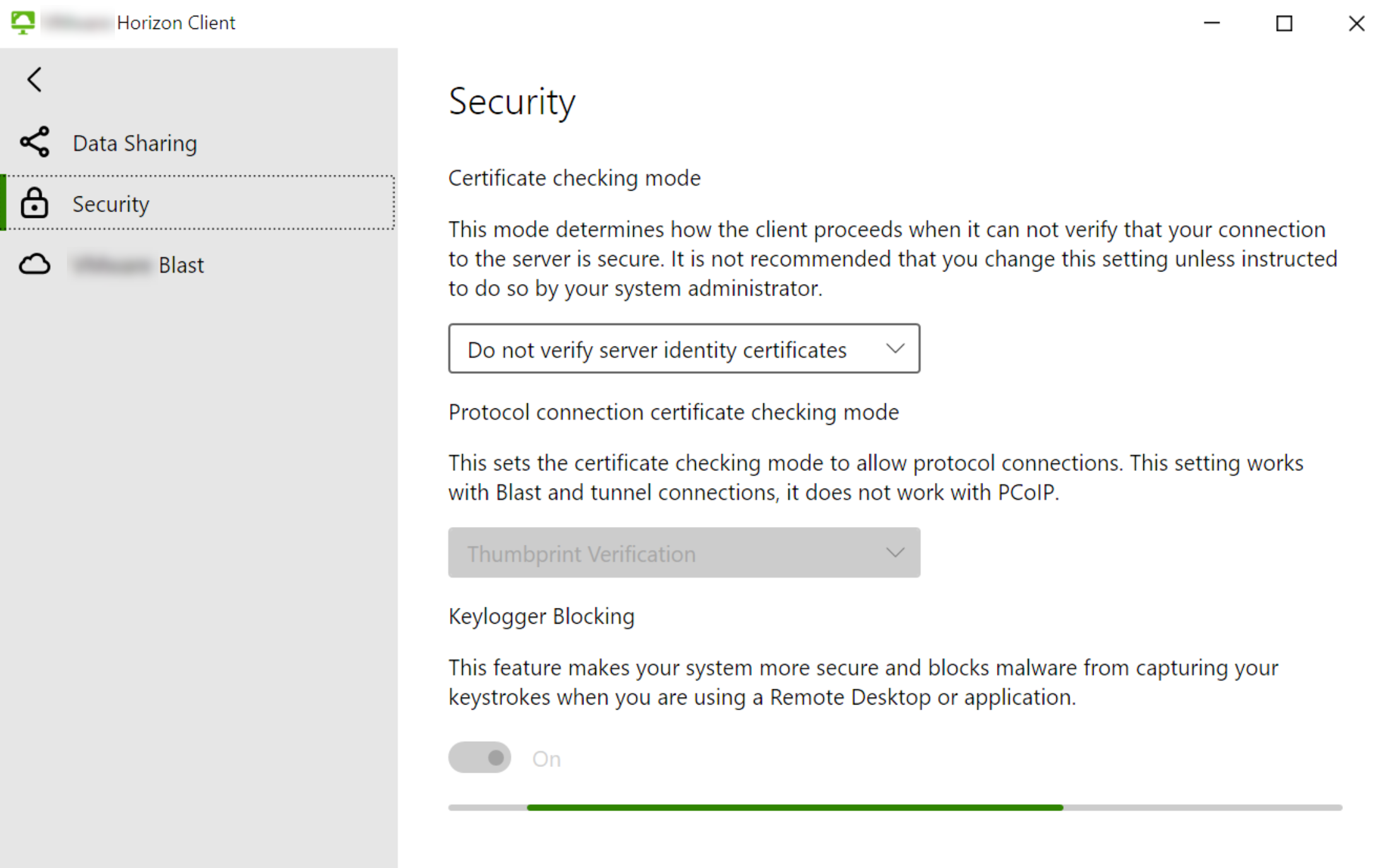 This screenshot shows the Security screen with Keylogger Blocking enabled but inaccessible while processing. This screenshot shows the Security screen with Keylogger Blocking enabled but inaccessible while processing.