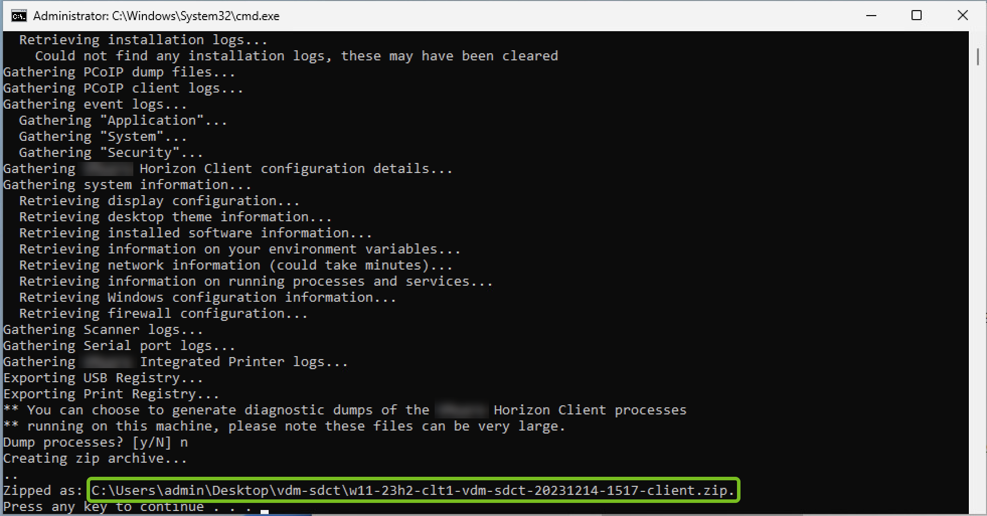 Refer to the terminal for the directory path to the packaged log file. Refer to the terminal for the directory path to the packaged log file.