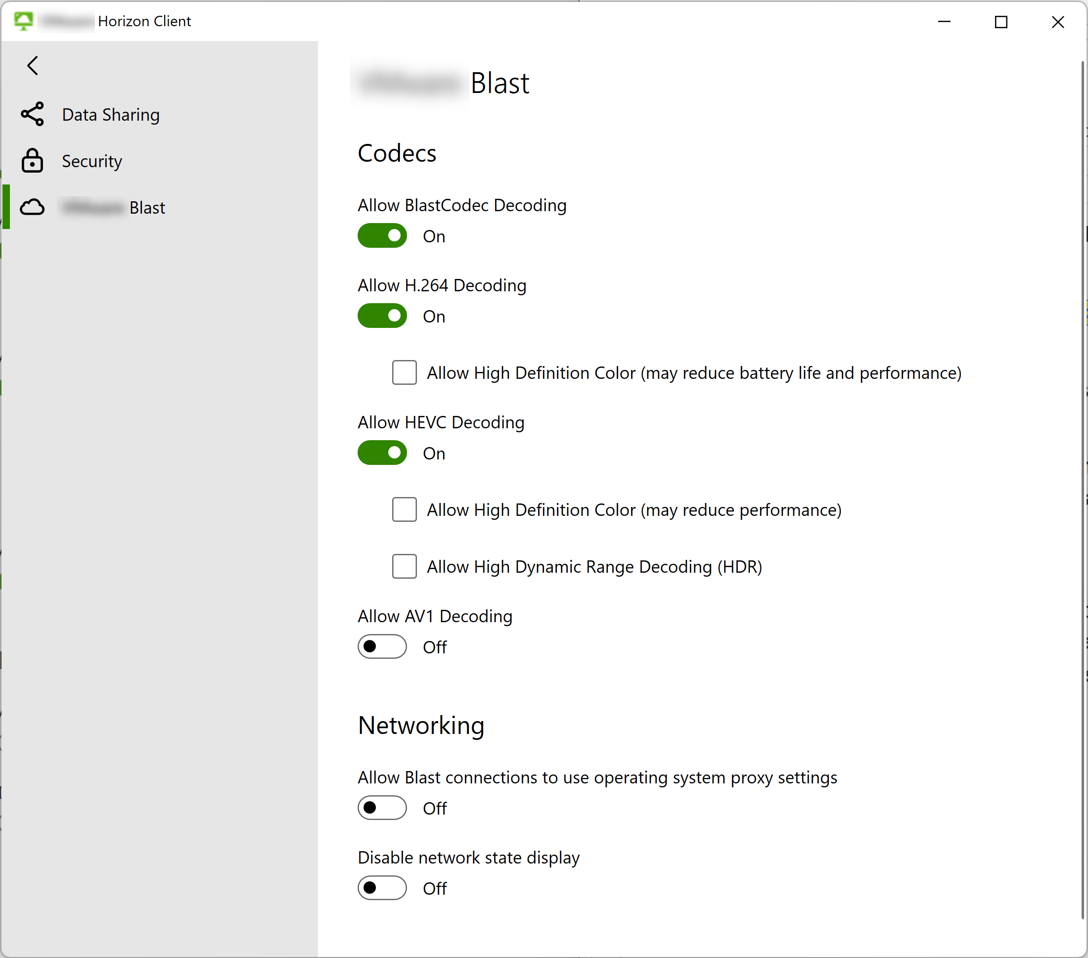 The Omnissa Horizon Blast settings include controls for displaying network notifications