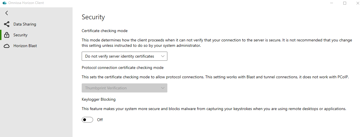 This screenshot shows the Security screen with Do not verify server cert, thumbprint deactivated and keylogger deactivated.