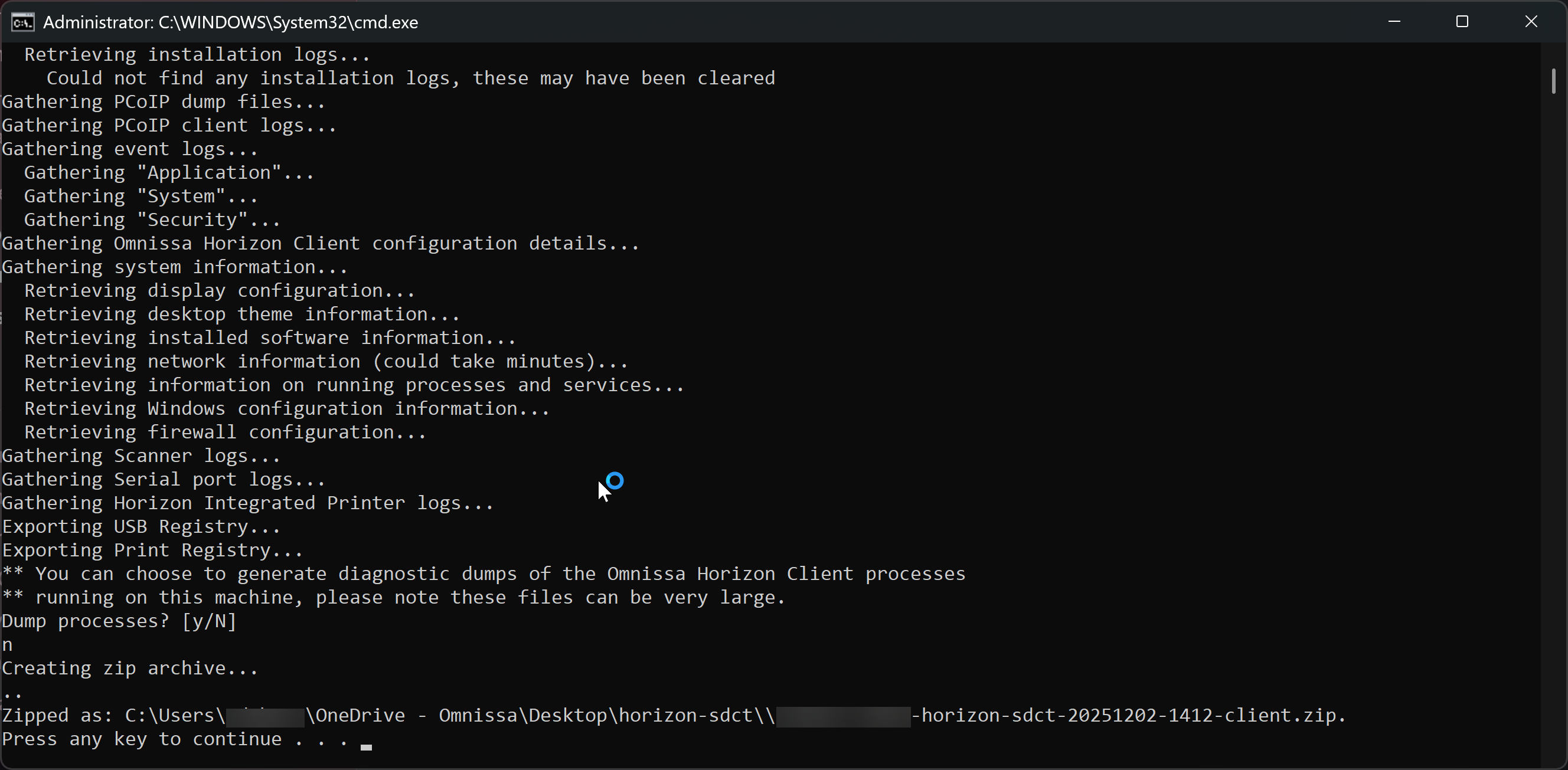 Refer to the terminal for the directory path to the packaged log file.
