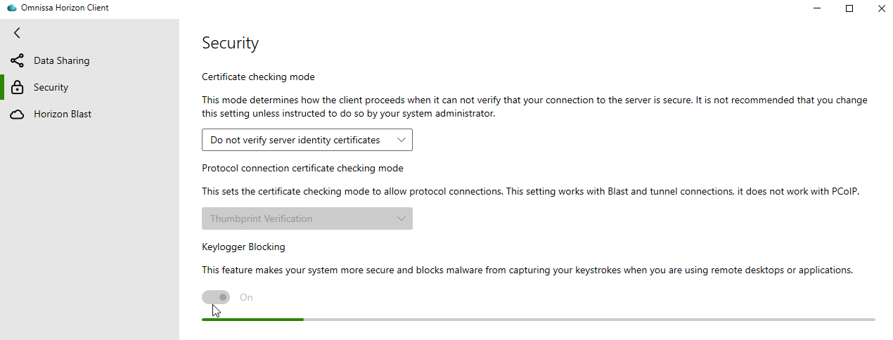 This screenshot shows the Security screen with Keylogger Blocking enabled but inaccessible while processing. This screenshot shows the Security screen with Keylogger Blocking enabled but inaccessible while processing.
