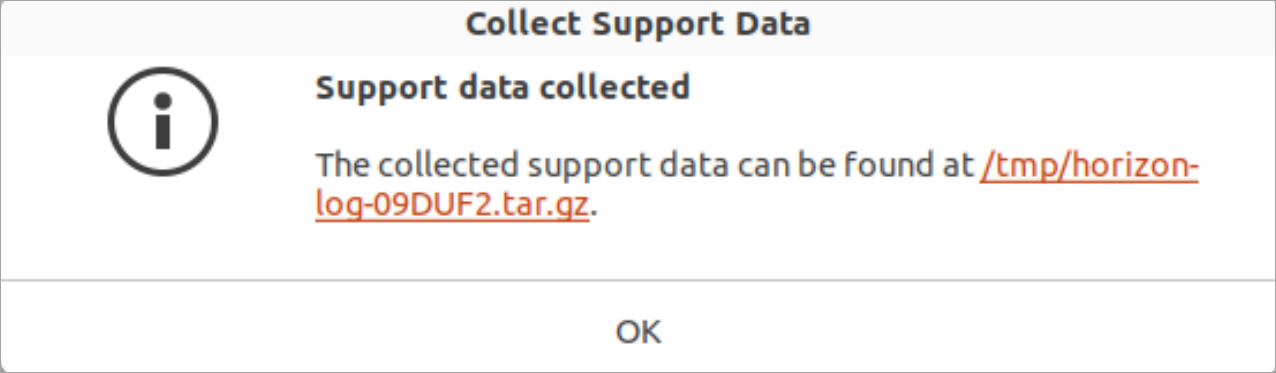 The confirmation message lists the location of the log file package. The confirmation message lists the location of the log file package.