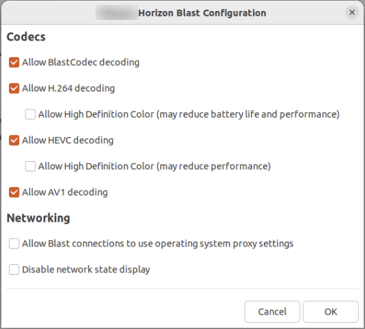 The Horizon Blast Configuration window has controls for specifying decoding options.