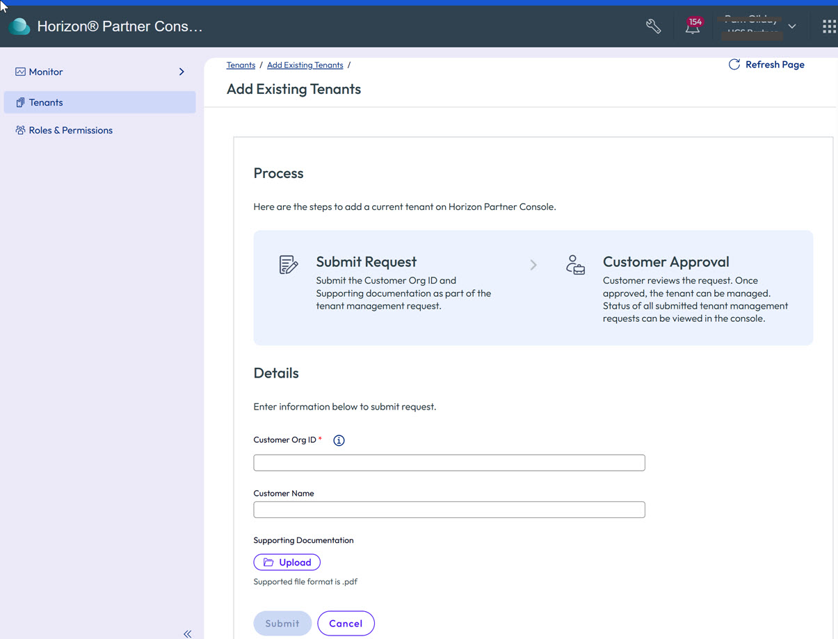 Add Existing Tenant form with Customer Org ID and Customer Name input fields