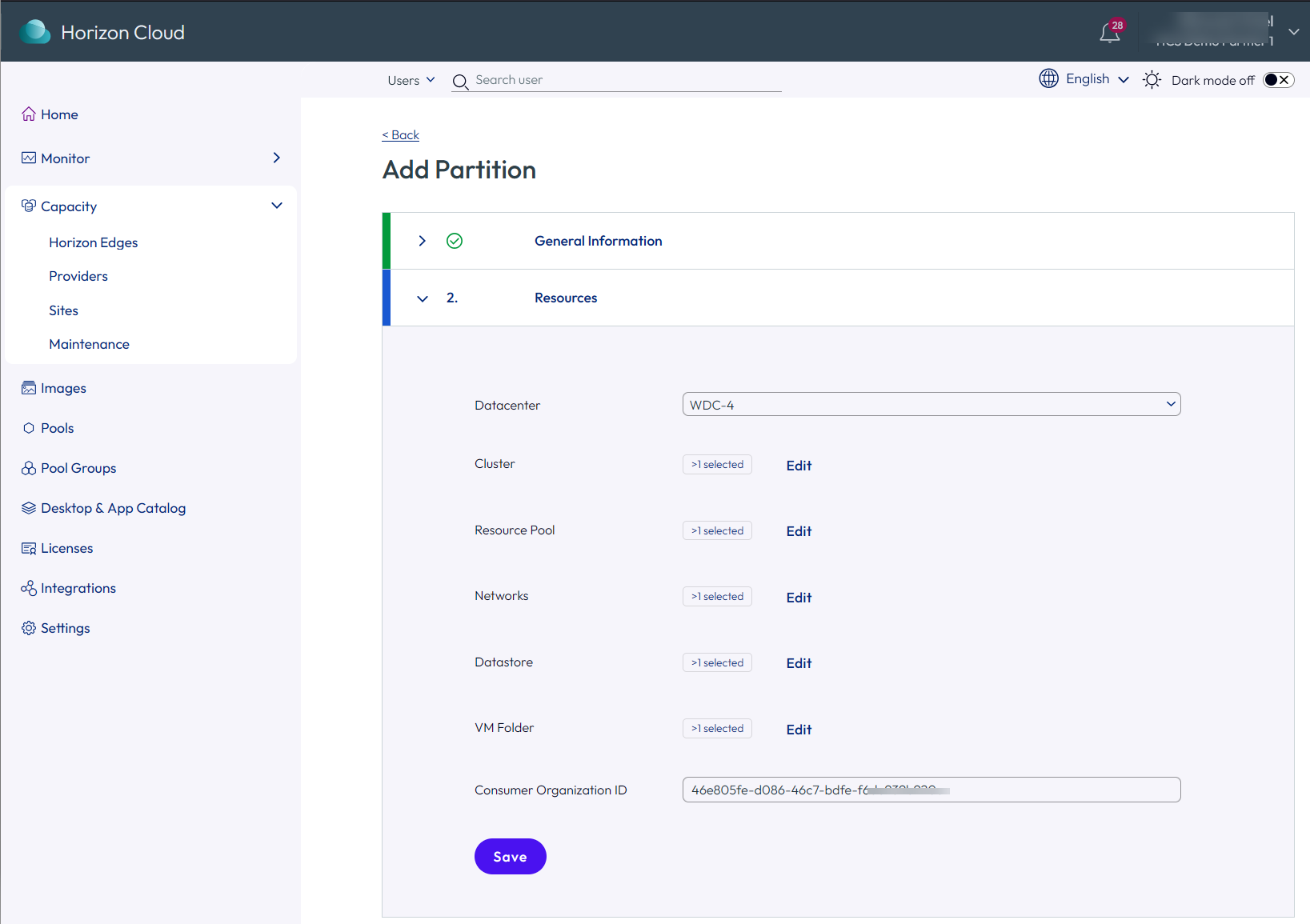 Add Partition page showing the completed Add Resources fields and Save button