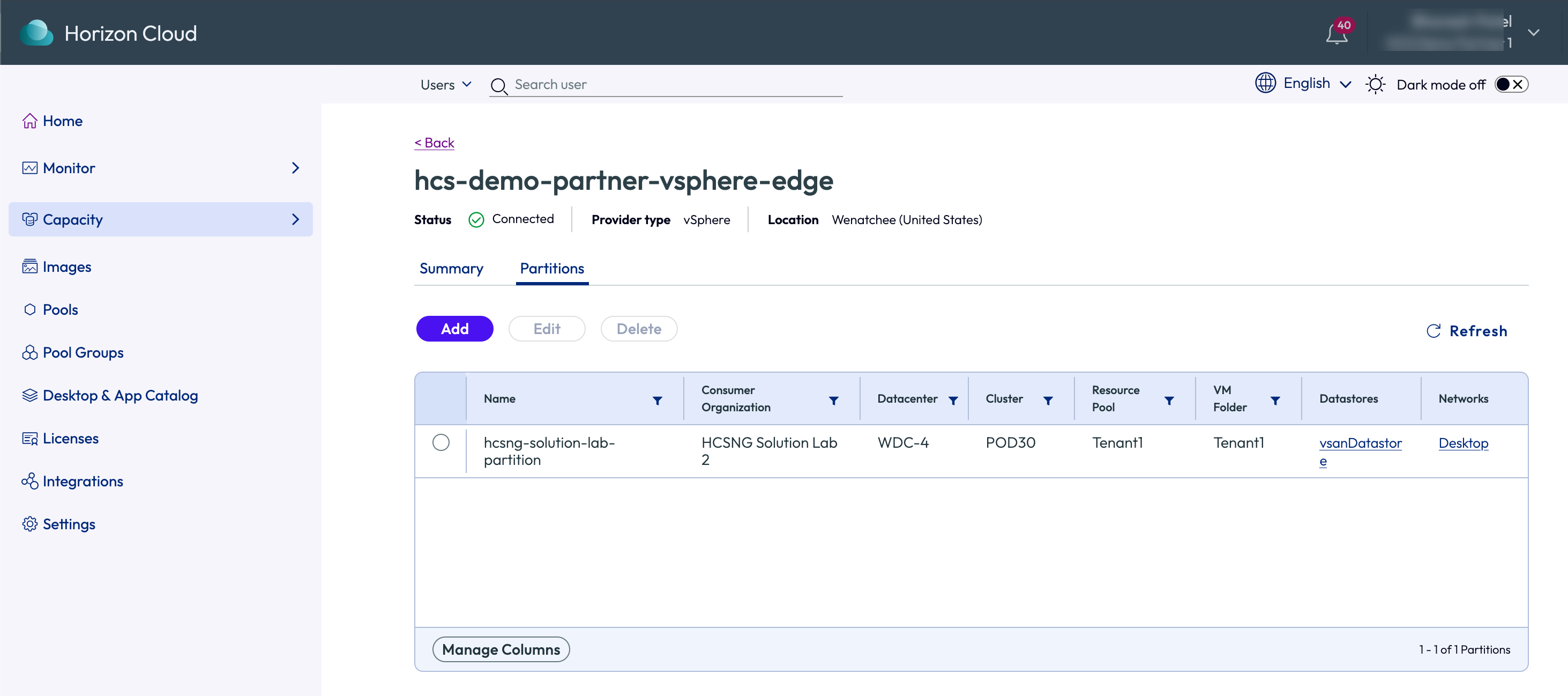 Capacity page showning all the Add Partition page showing the completed Add Resources fields and Save button