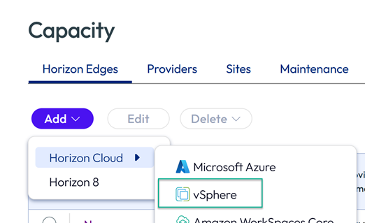 Capacity page showing the Add a Horizon Edge for vSphere