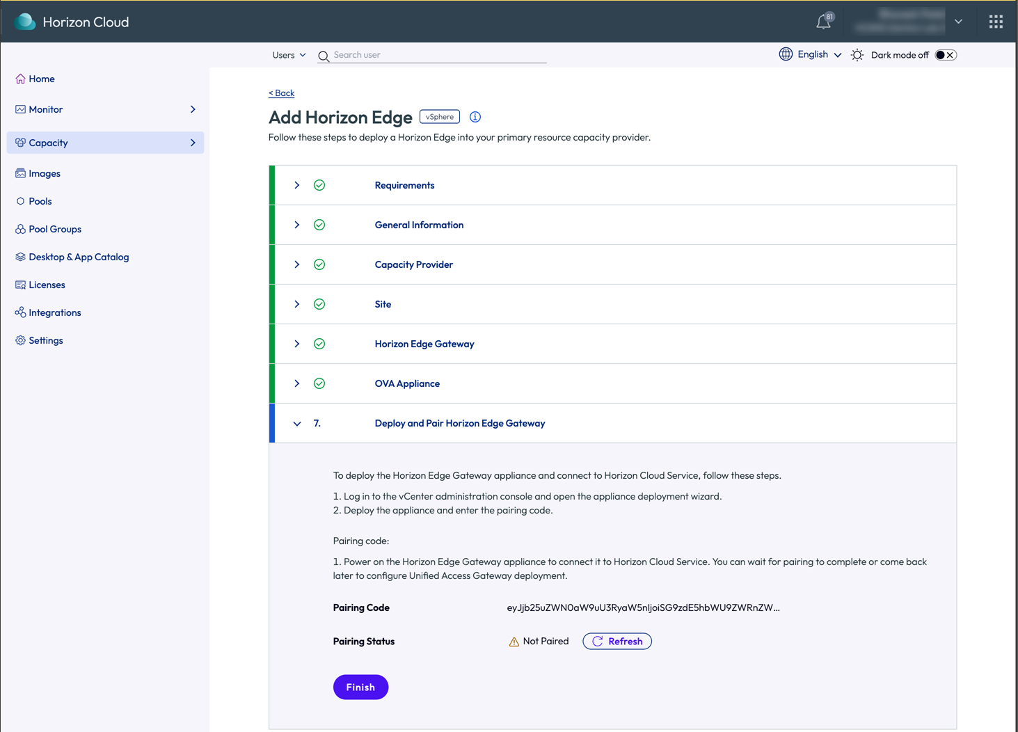 Add Horizon Edge page showing the completed page and the Finish button