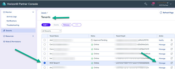 Manage tenant option selected to display available actions