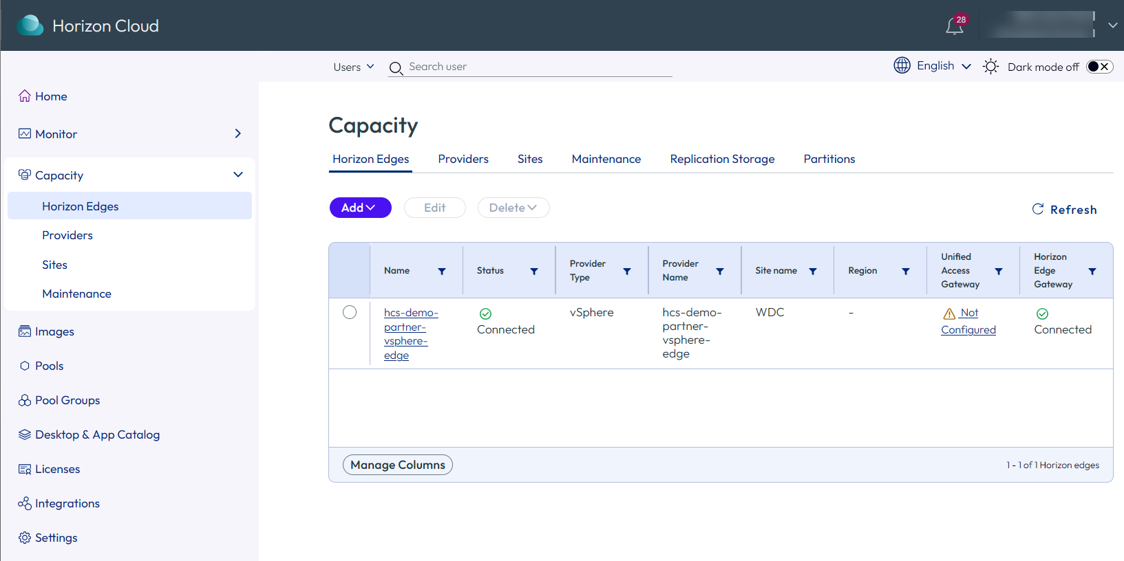 Horizon Edge overview page showing the Partitions tab