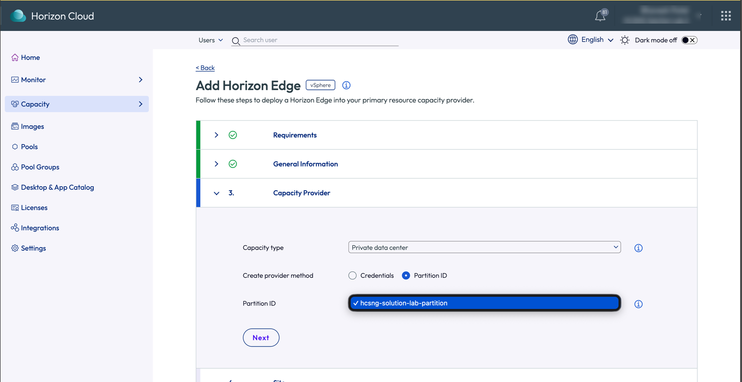 Add Horizon Edge page showing the Partition ID field
