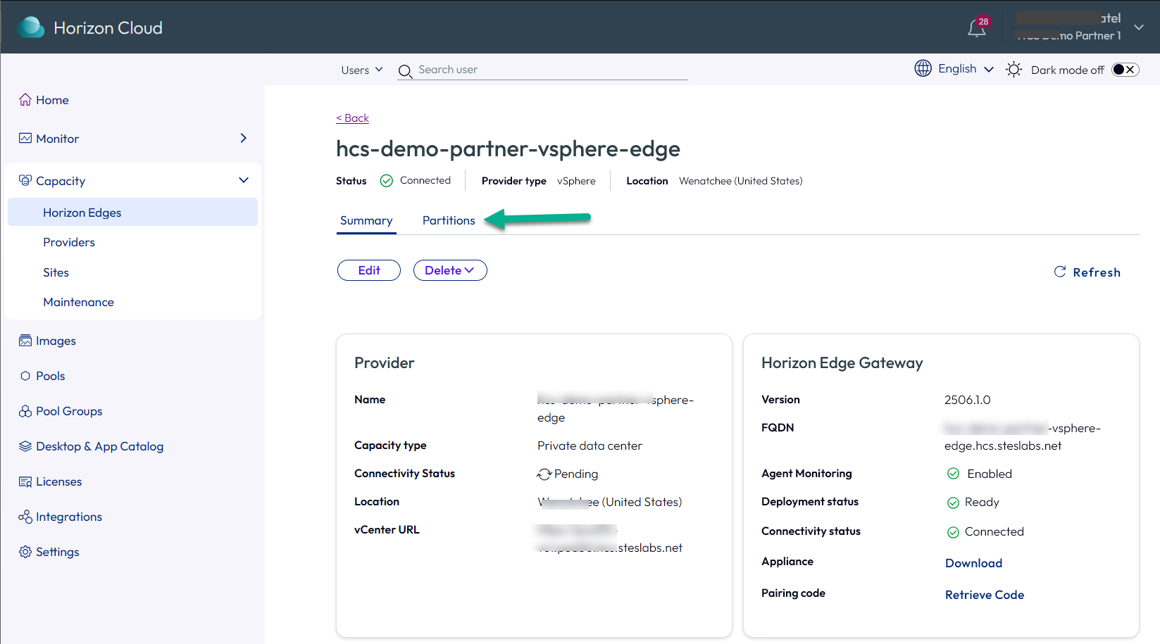 Horizon Edge overview page showing the Partitions tab
