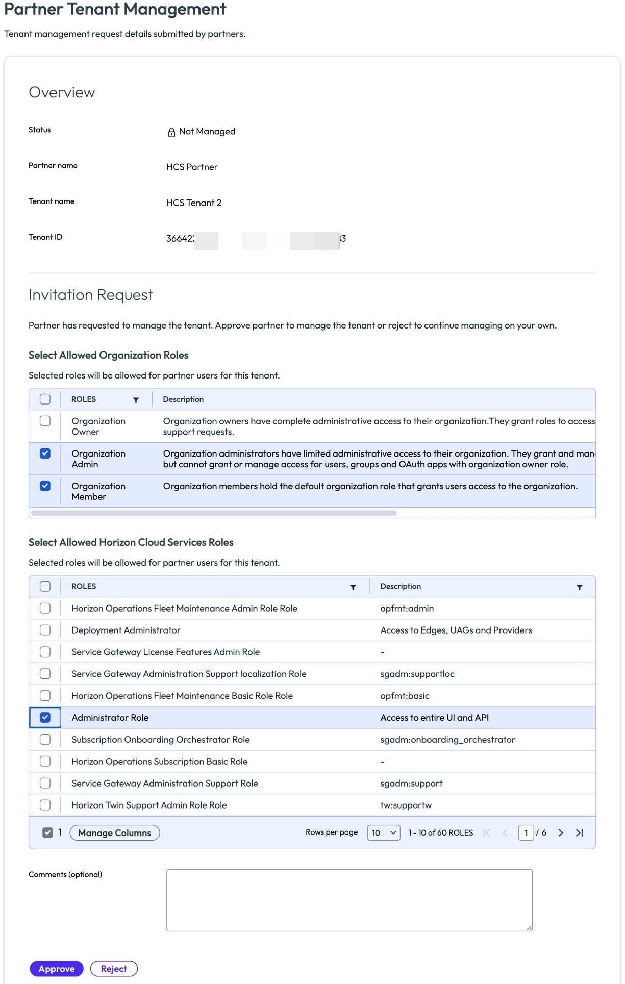 Partner administrator invitation with Approve and Reject buttons for pending access request