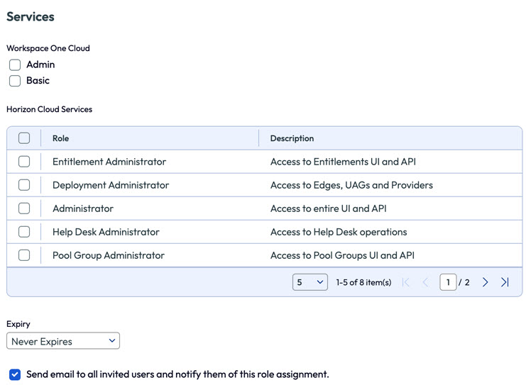 Role selection checkboxes for Workspace ONE and Horizon Cloud services