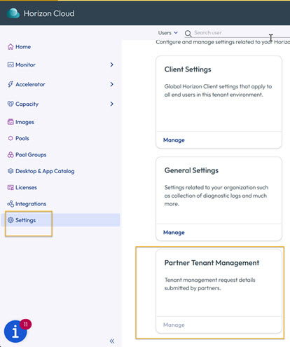Partner management tile on Settings page showing the Manage option