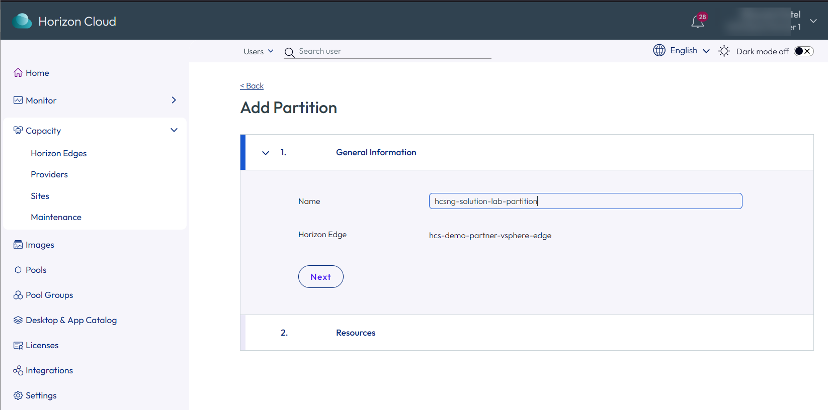 Add Partition page showing the Name field and Next button