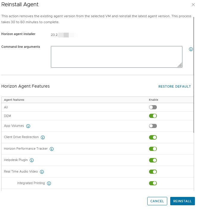 The Reinstall Agent page with a single agent selected. A partial list of the agent features is visible.