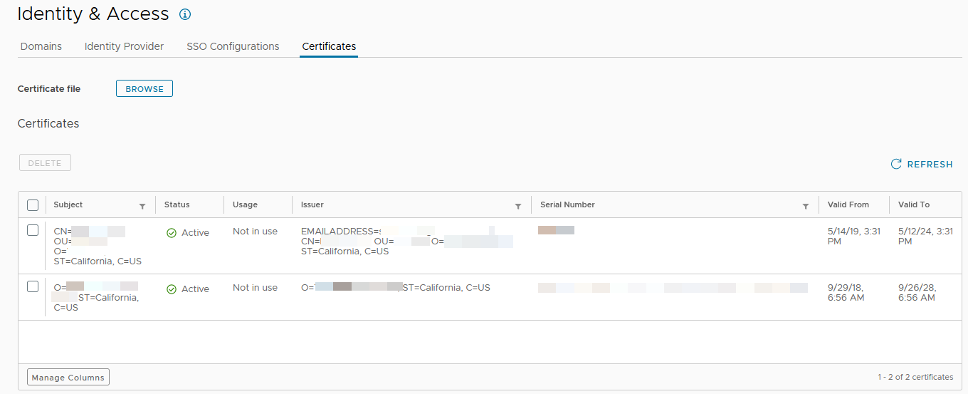 The Certificates page of PEM certificates for use with LDAPS. The screenshot includes two PEM certificates. The Certificates page of PEM certificates for use with LDAPS. The screenshot includes two PEM certificates.