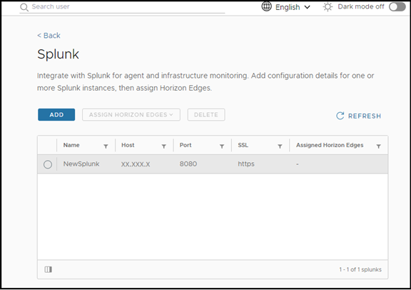 A screenshot of the Splunk page with a single Splunk configuration listed
